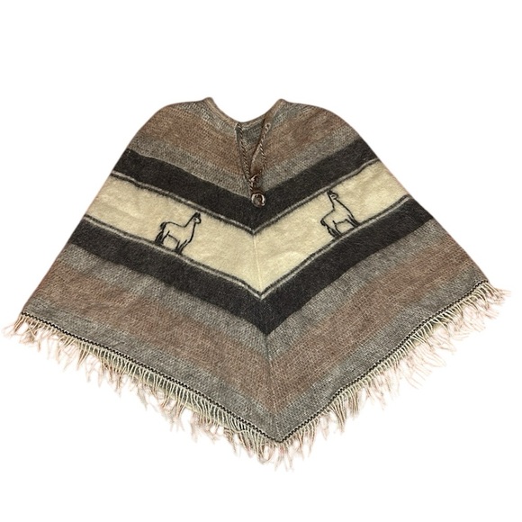 Vintage Quiaqueno Brown Tan Fringe Alpaca Llama Wool Poncho Pom Pom drawstring - Picture 1 of 15